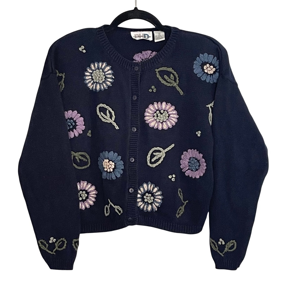 Paul Harris Design Vintage Navy‎ Floral Embroidered Cardigan Sweater Grandma